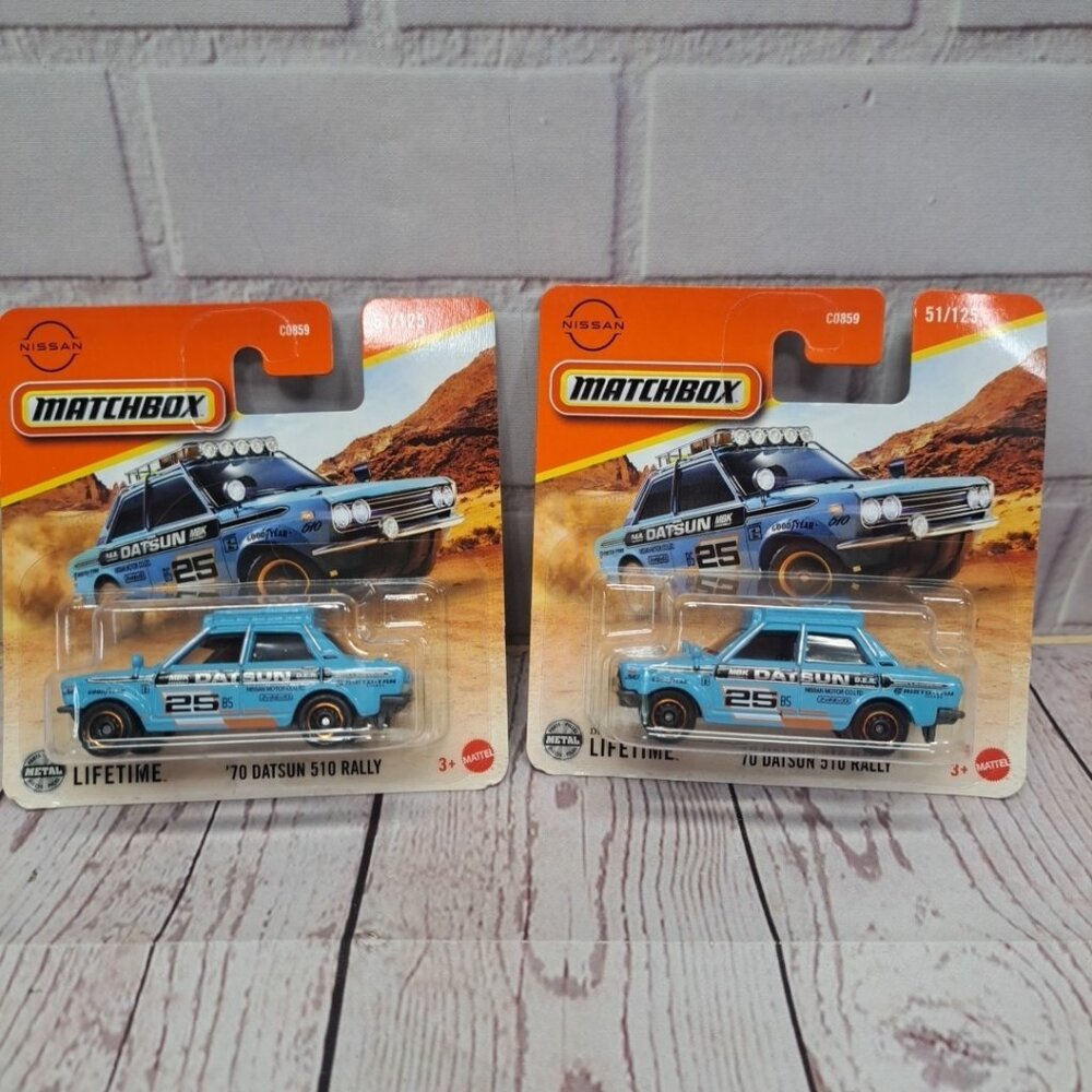 Lot Of 2, 2025 MATCHBOX Blue‎ '70 DATSUN 510 RALLY Diecast Short Card
